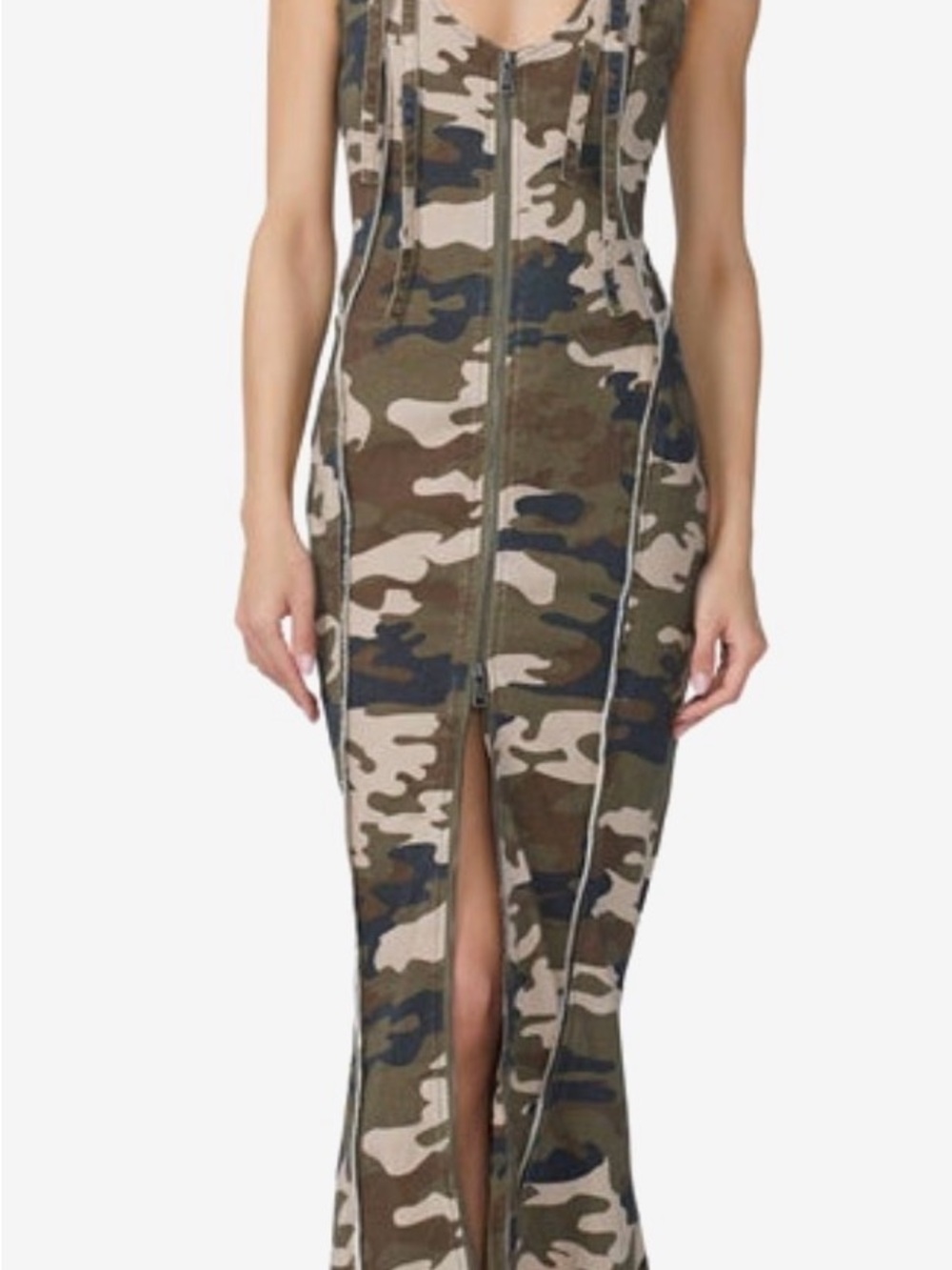 AFRM Camouflage Zip-Front Maxi Dress in Green and Tan